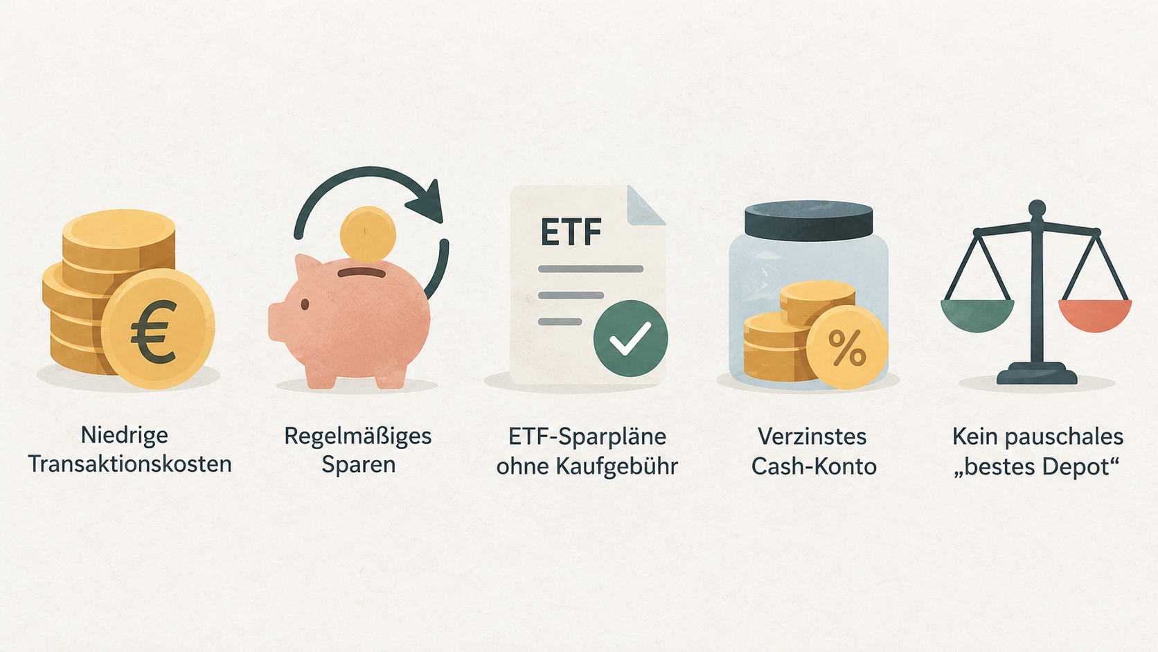 Create one horizontal row of three icons labeled “Transaktionskosten”, “regelmäßiges Sparen” and “Leistungsumfang” to show the points named in the section’s assessment.