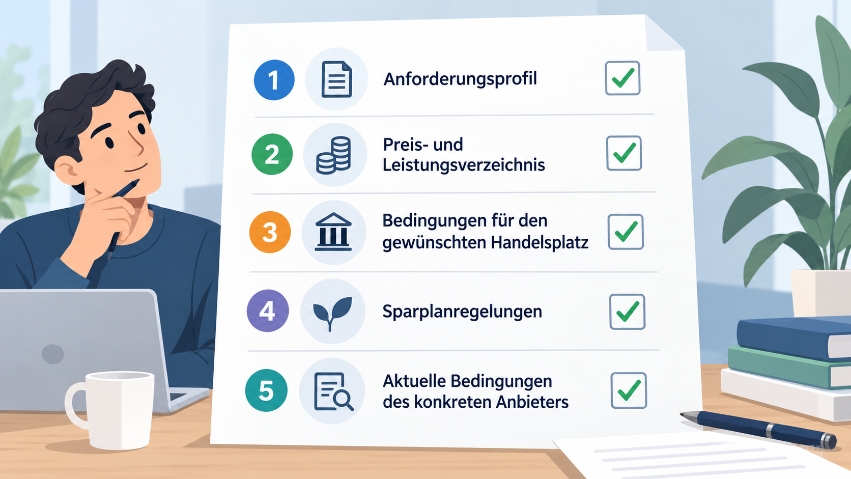 Show a numbered checklist of the section’s five stated steps for comparing broker terms.