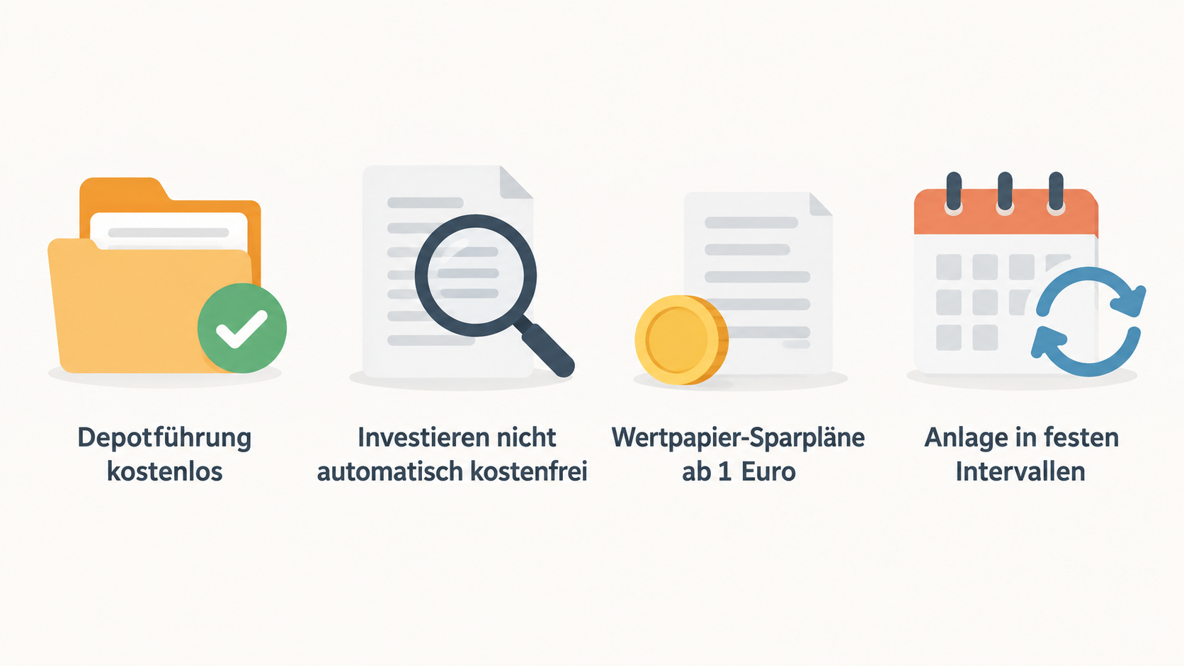 Show one horizontal row of three simple icons labeled „kostenlose Depotführung“, „Wertpapier-Sparpläne ab 1 Euro“ and „Watchlist, Wertpapiersuche und Depotübersicht“.
