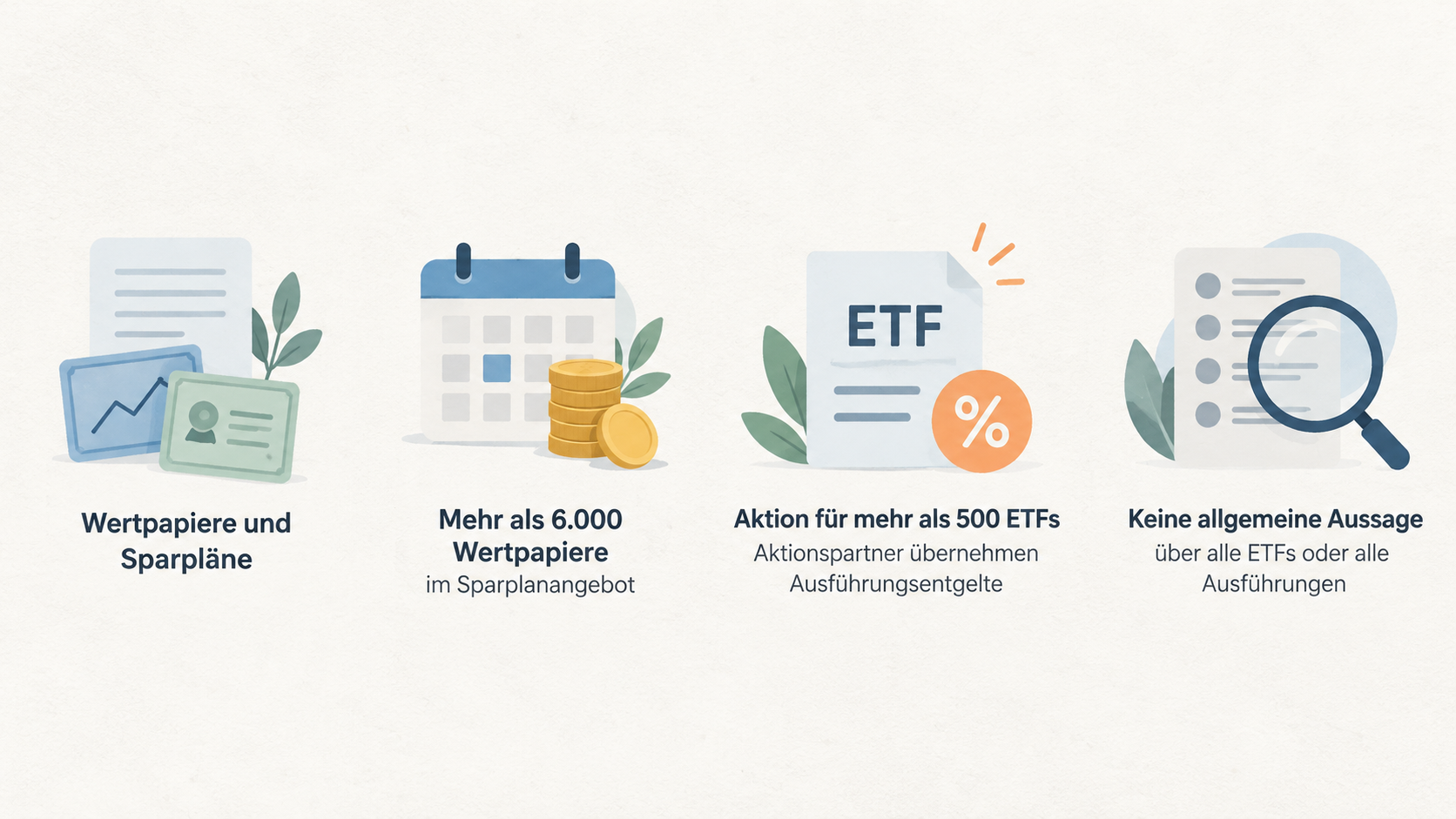 Show the four stated offering categories—Aktien, ETFs, Fonds and Sparpläne—in one simple row of icons.