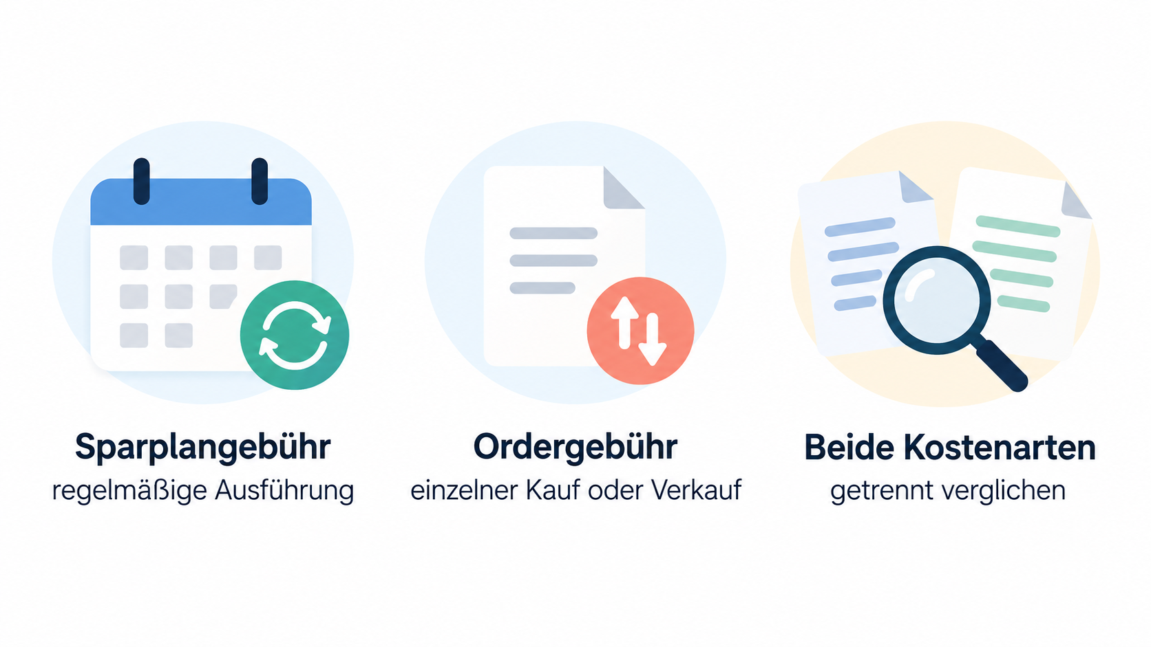 Vergleicht in zwei Bereichen die im Abschnitt beschriebenen Kostenarten: Sparplangebühr für die regelmäßige Ausführung einer festgelegten Sparrate und Ordergebühr für einen einzelnen Kauf oder Verkauf außerhalb des Sparplans.