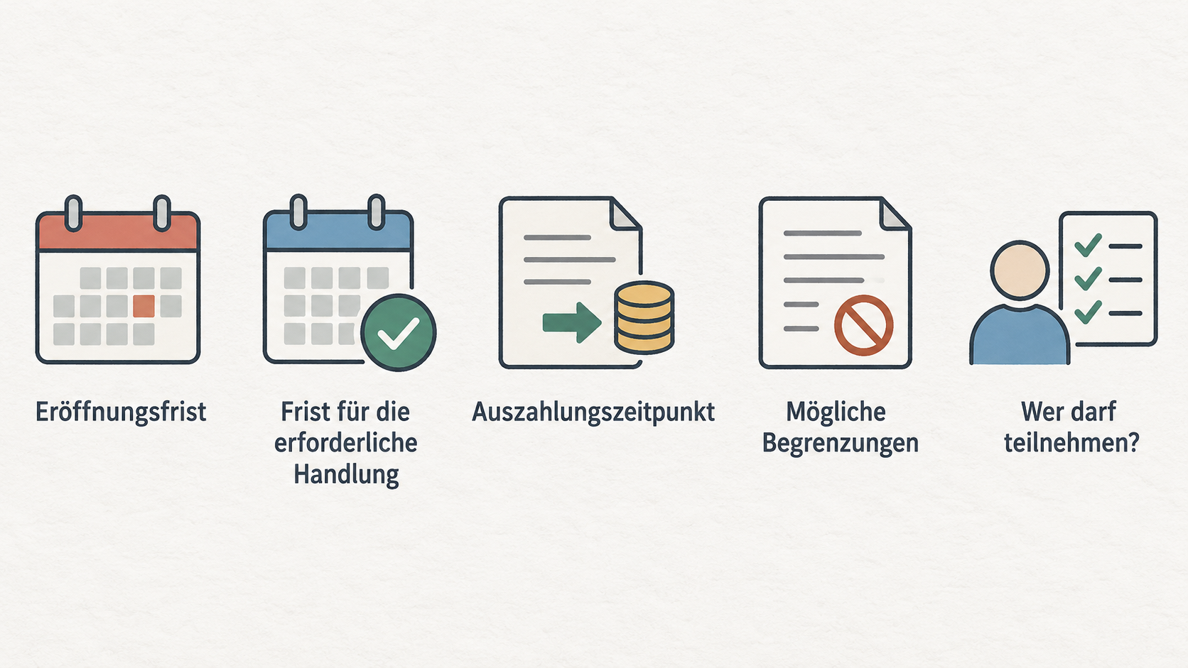 Eine einzelne Timeline mit den im Abschnitt genannten Fristen und dem Auszahlungszeitpunkt: Depoteröffnung bis 05.08.2026, erforderliche Handlung bis 15.11.2026 und Auszahlung im