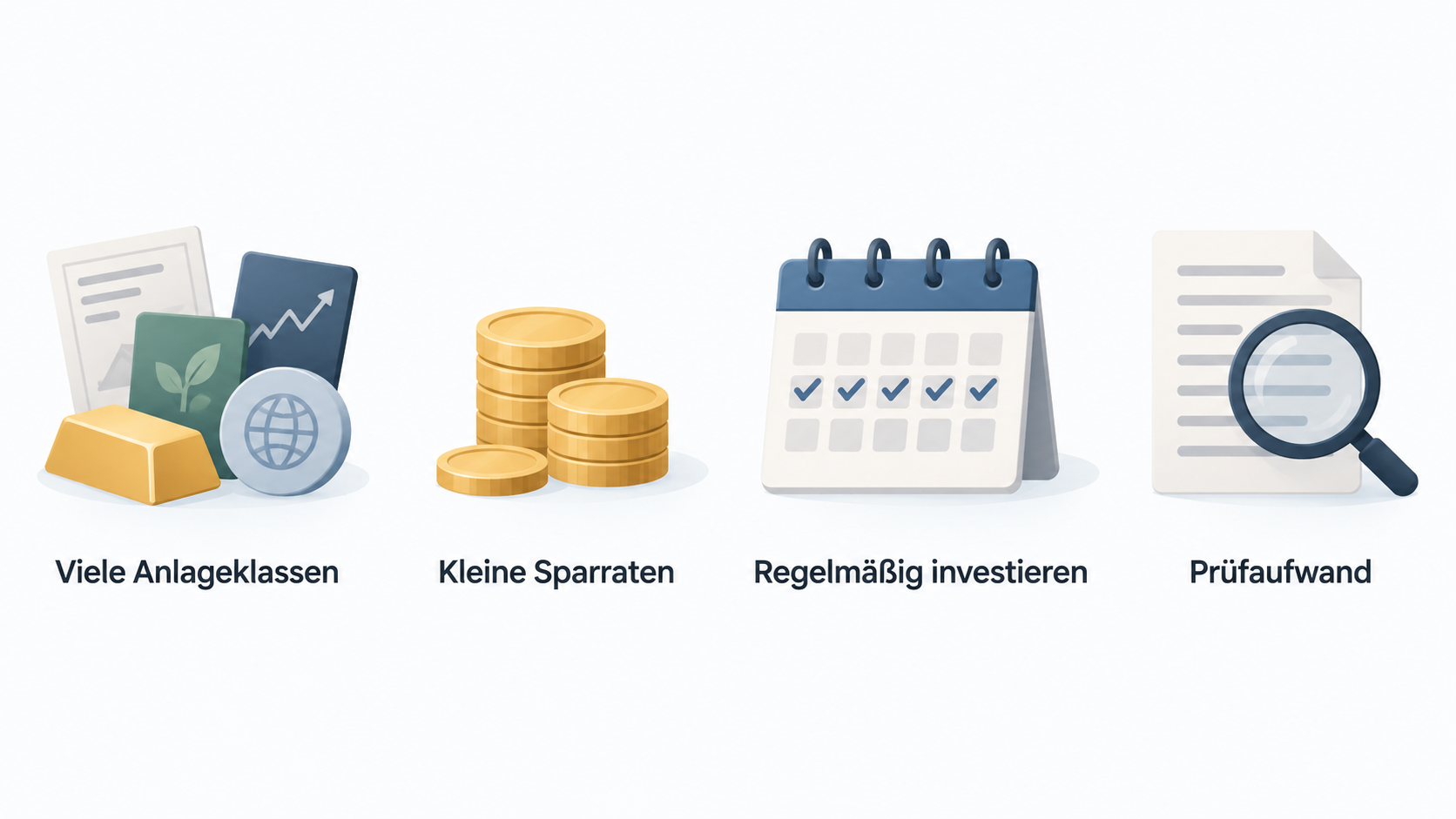Show one row of five icons labeled with checks stated in the section: “ETF-Sparplan”, “Einzelaktien”, “komplexere Produkte”, “sparplanfähig” and “Handelsplatz Kosten neben der