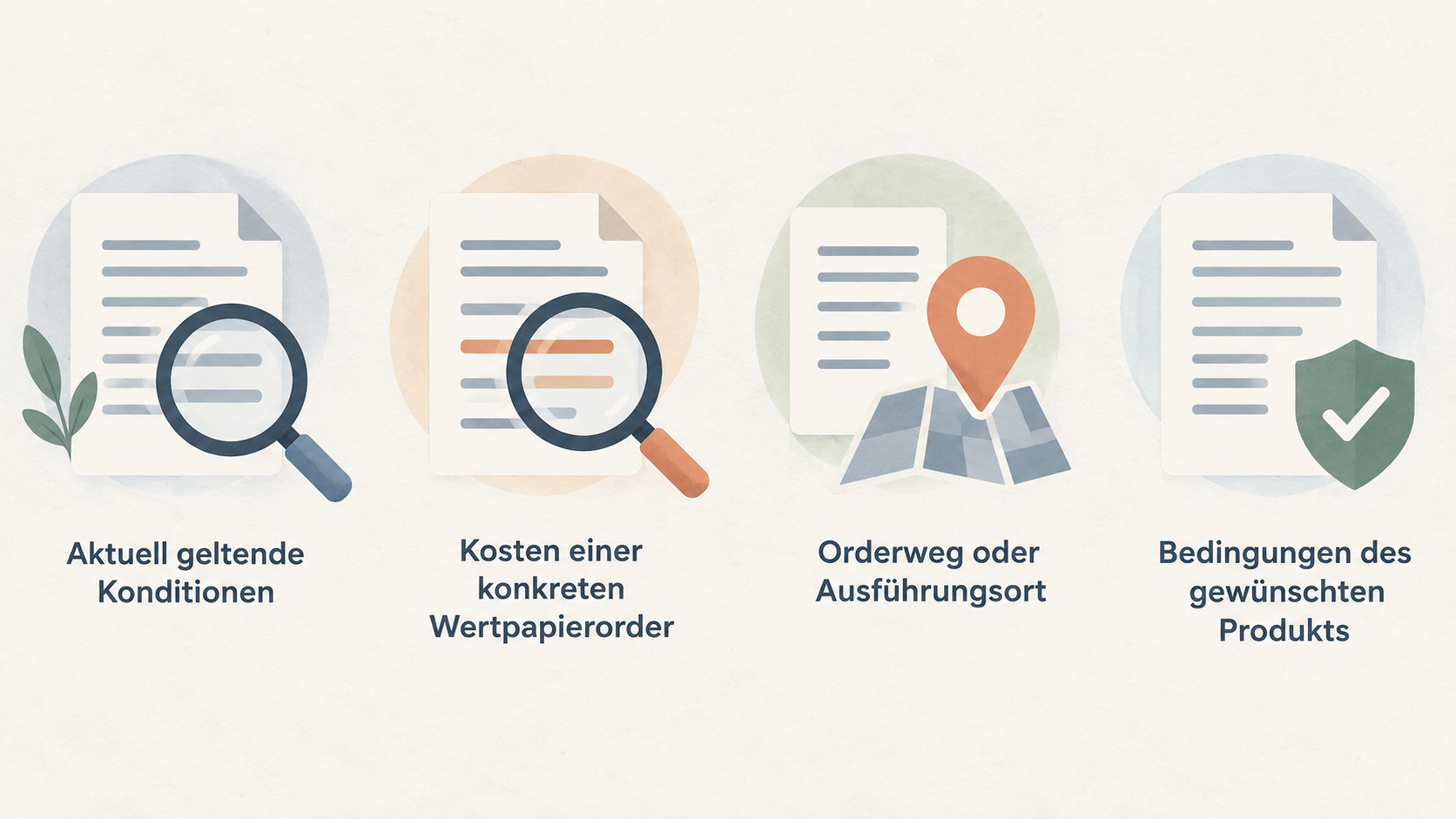 Show one horizontal row of four simple icons labeled „Kosten einer konkreten Wertpapierorder“, „Orderweg oder Ausführungsort“, „Bedingungen des gewünschten Produkts“ and